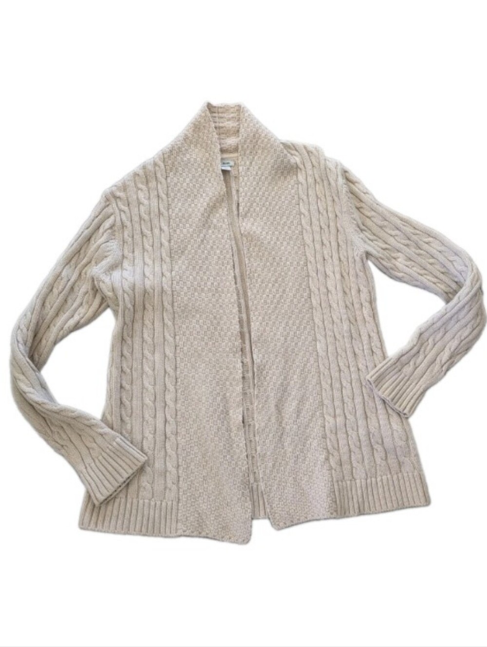 L.L.Bean Womens Open Front Cotton Sweater Neutral Beige Cable Knit Cardigan S